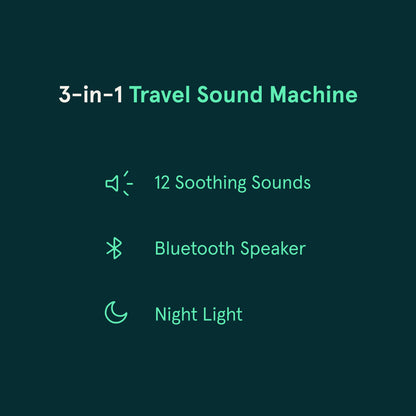 Dark teal promotional graphic for a 3-in-1 travel sound machine, listing features in mint green text: 12 soothing sounds, Bluetooth speaker, and night light.