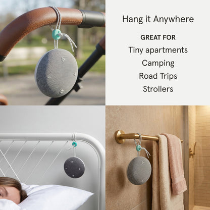 A collage showing a Tuft and Needle SNOOZ Go 2 Travel White Noise Sound Machine, round gray hanging speaker, with a small turquoise bead and white cord, mounted on a bicycle handlebar, a bed headboard next to a sleeping person, and a brass towel bar in a bathroom. Text on the right reads: 'Hang it Anywhere GREAT FOR Tiny apartments Camping Road Trips Strollers'.