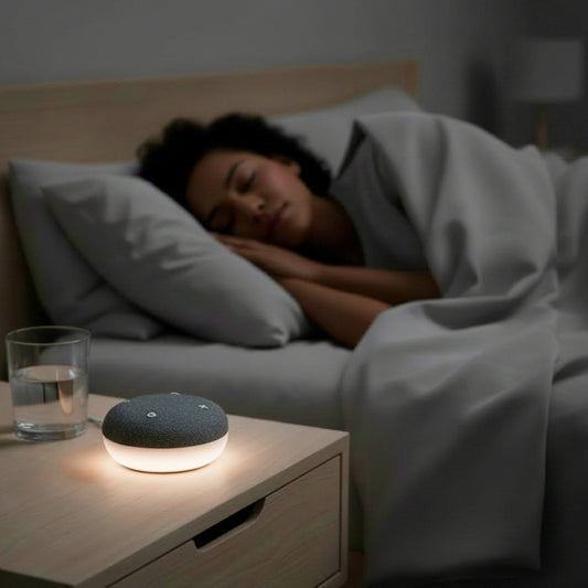 A Tuft and Needle SNOOZ Go 2 Travel White Noise Sound Machine sits on a wooden bedside table next to a glass of water, with a woman sleeping in bed under gray blankets in the background.