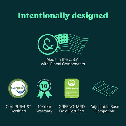 A dark teal Tuft and Needle promotional graphic with the headline 'Intentionally designed' and several feature callouts: a made-in-the-U.S.