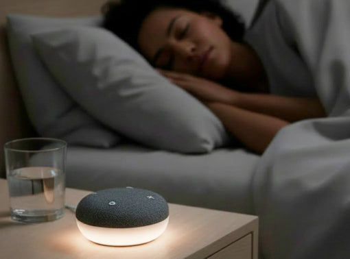 A smart home speaker lamp sits on a bedside table next to a glass of water, with a woman sleeping on a tuft and needle mattress in the background.