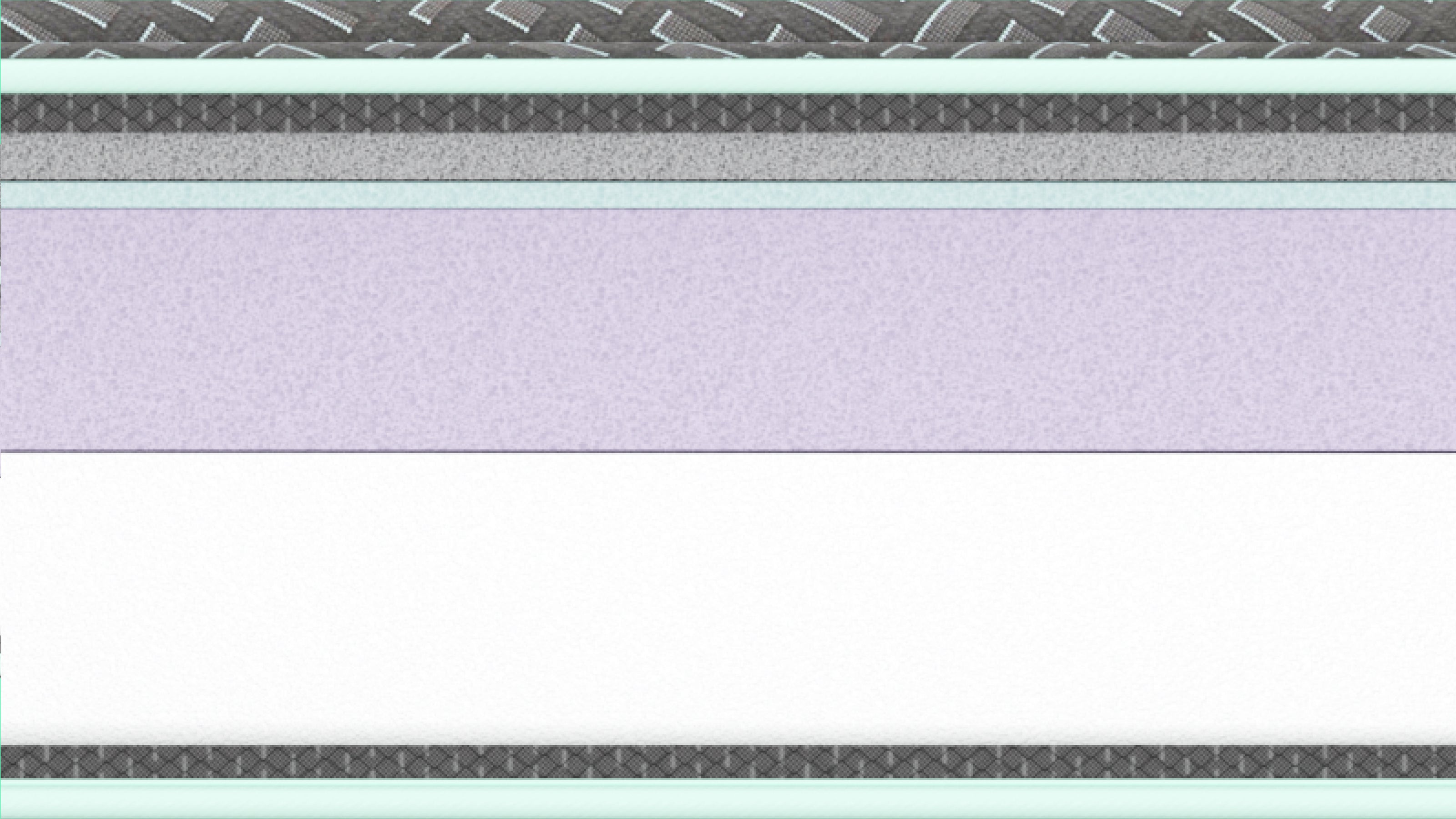 A close-up horizontal view of the Tuft and Needle Foam Mattress and the inner workings of the mattress. striped fabric or wallpaper pattern, featuring a wide lavender-purple stripe in the center, flanked by white, gray, and mint green stripes with textured borders.