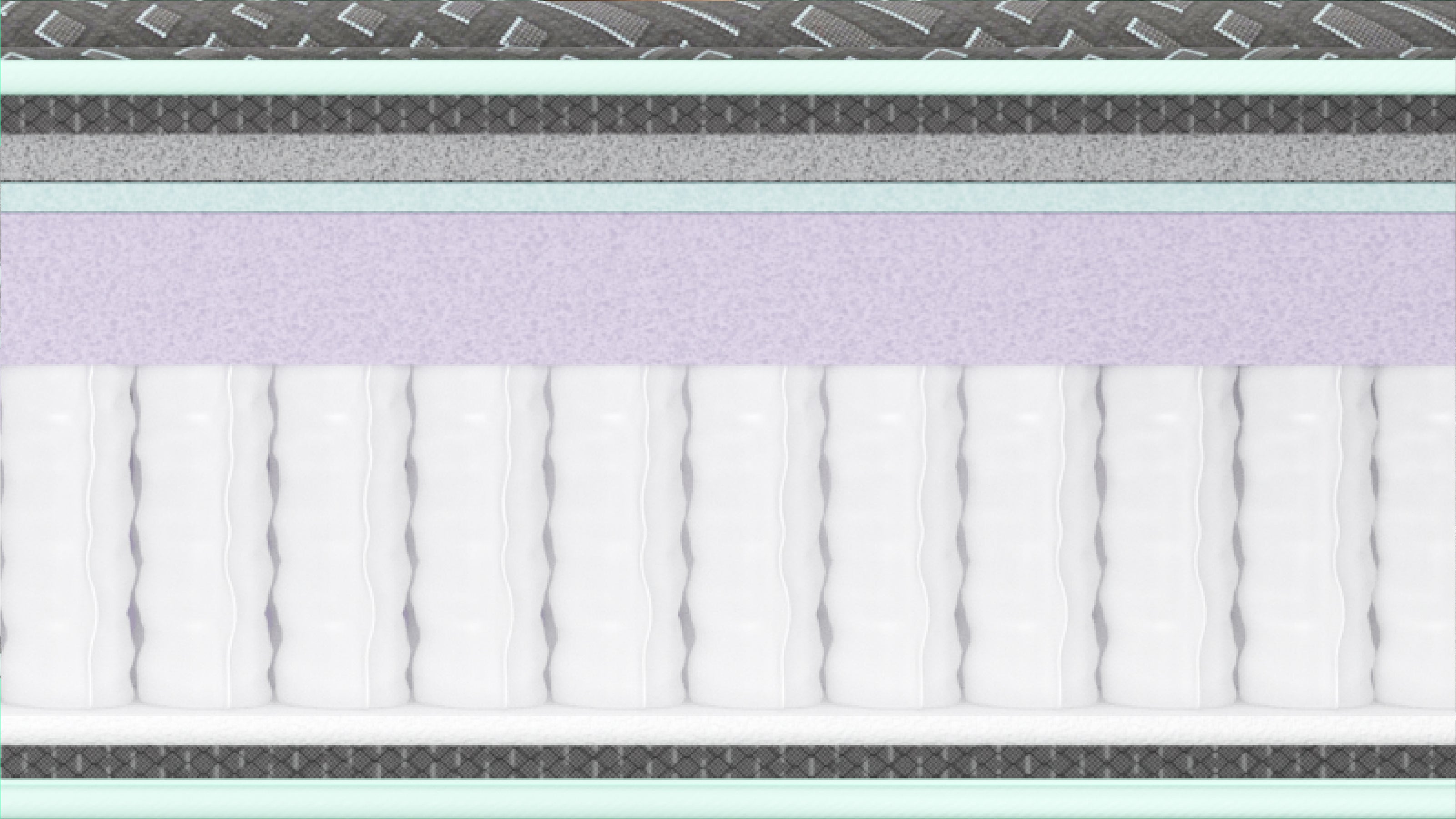 A close-up horizontal view of the Tuft and Needle Foam Mattress and the inner workings of the mattress. A cushion layering, showing white ribbed foam or latex on the bottom, a lavender-purple middle layer, and dark gray and black top and bottom layers.