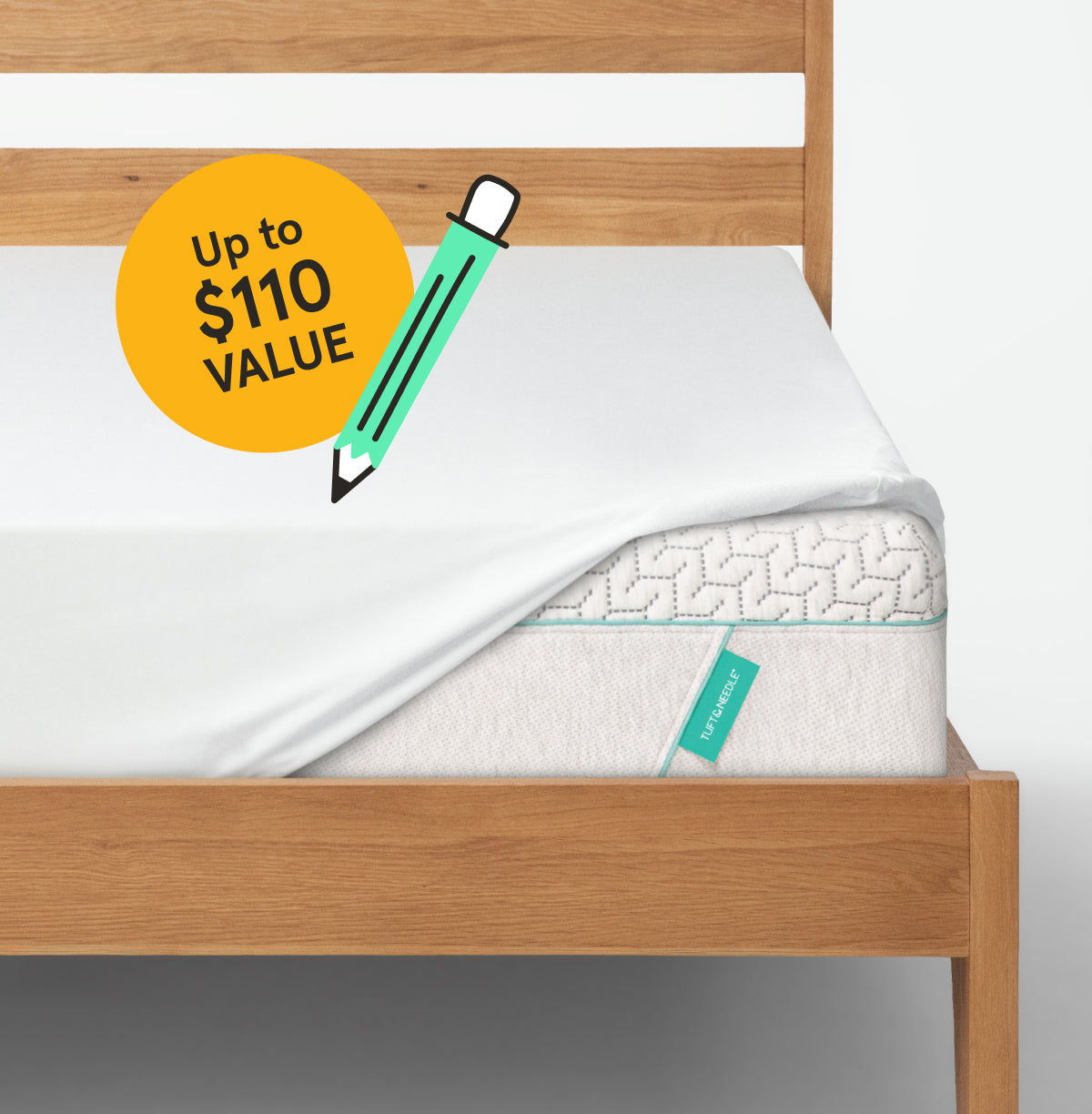 A Tuft and Needle mattress shown on a wooden bed frame with a white fitted sheet partially pulled down. A yellow circular badge with a green pencil says 'Up to $110 VALUE' and a small teal mattress tag is visible on the side.