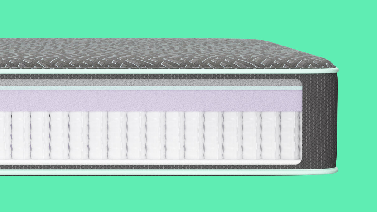 Closeup of the Tuft and Needle Mint Hybrid Mattress II and the inner workings of the mattress.